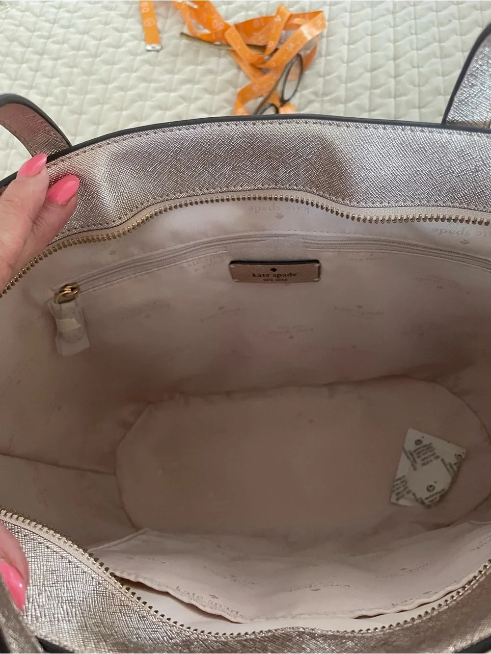 kate spade Metallic Champagne Glitter Tote with Cherry Charm